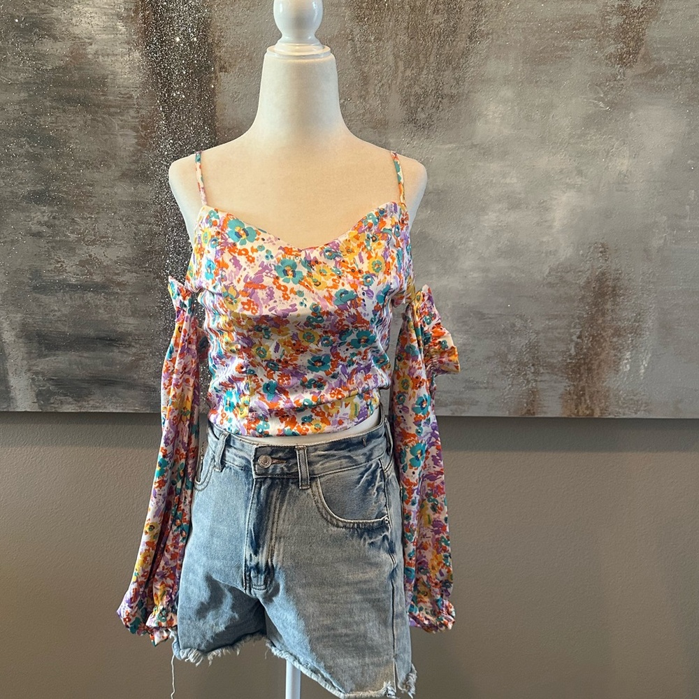 Floral Satin Cold-Shoulder Crop Top - Multicolor